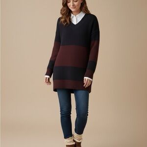 French Connection Oversized V Neck Knit Burgundy & Navy